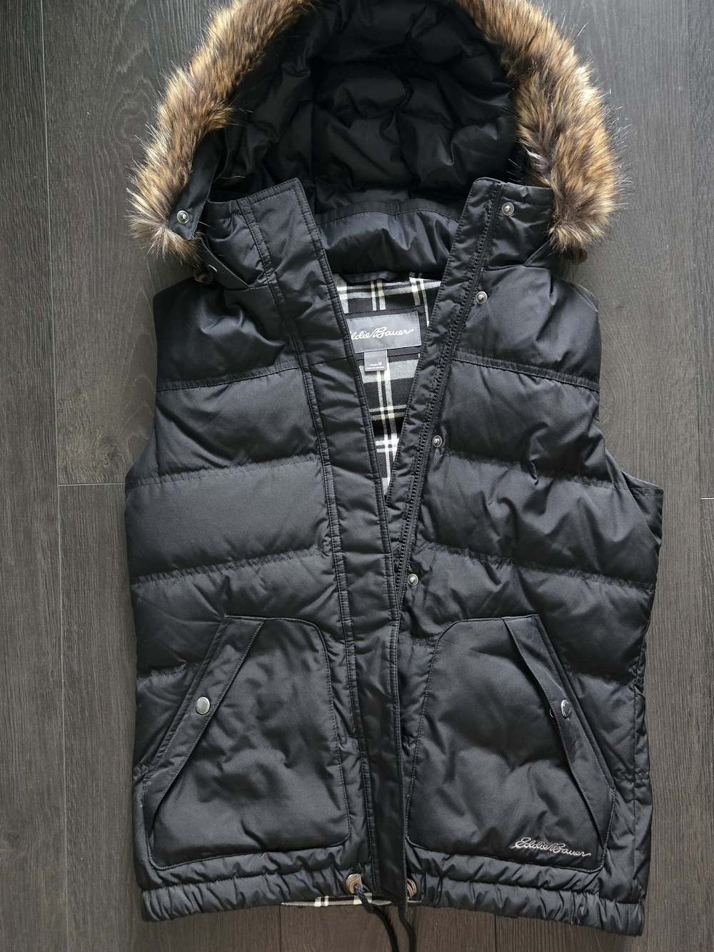 Eddie Bauer Black Quilted Hooded Puffer Vest with Faux Fur Hood